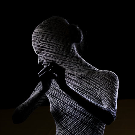 hand creating a human body pattern through light painting, with expressive facial animation. photo captured using nikon d750 and leica r3, showcasing detailed crosshatching and haunting figuratism in a feminine sculpture. ai generatedの素材