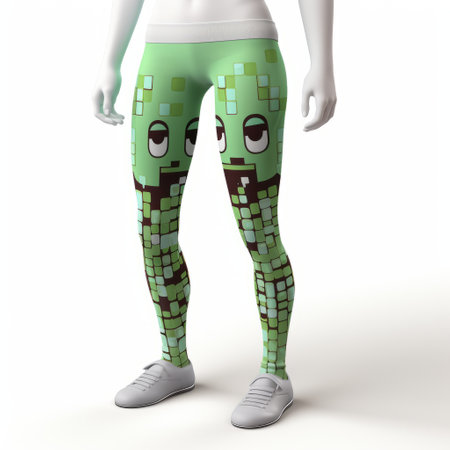 woman in green leggings holding a minecraft pixelated face. realistic anatomies and detailed character design in contemporary candy-coated style. frontal perspective showcases stylish costume design. this ue5 creation embodies zombiecore aesthetics. ai generatedの素材