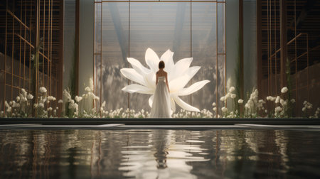 a woman in white stands gracefully next to water and flowers, surrounded by a three-dimensional space and luxurious drapery. the scene exudes the elements of unreal engine 5, sustainable architecture, and oriental minimalism, creating a solarizing master of ballet academia. ai generatedの素材