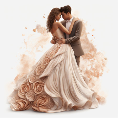 a highly detailed wedding clipart featuring a 3d digital rendering of a bride and groom. the bride is wearing a beautiful bridal gown in light rust, set against a white background. this photoillustration is available on pexels and lyco art, with a creative commons attribution. also showcased in high definition on behance hd. ai generatedの素材