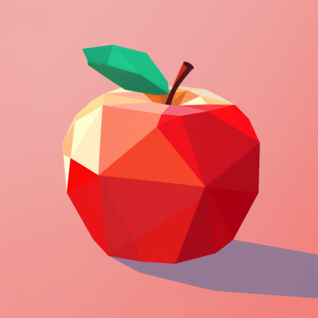 a vibrant 3d rendering of a red apple, inspired by the distinctive style of tom whalen. this low-poly artwork showcases simple yet captivating illustrations, featuring a colorful and textured design. drawing influence from mingei and nature morte, the image presents a flat and graphic aesthetic, skillfully playing with light and, ai generatedの素材
