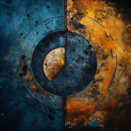 an abstract art picture featuring a clock image in dark orange and dark azure tones. the split toning technique adds an industrial feel, with hints of dark gold and light blue. circular shapes and textured canvas create a visually captivating composition against contrasting backgrounds. ai generatedの素材