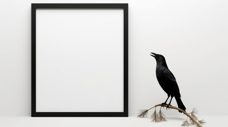 empty frame next to a crow with the bird caught in its throat, in the style of minimalist graphic designer. this 8k 3d image captures a minimalist nature study with realistic and hyper-detailed renderings. the minimalist abstracts and audio-visual installations are presented in a screen format. ai generatedの素材