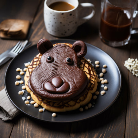 a hulky pancake with chocolate icing and coffee is showcased on a black table, featuring a unique twist with characterized animals. this photo captures the essence of eco-friendly craftsmanship and animalier style, employing a monochromatic color scheme and photo-realistic techniques. the composition also hints at the emerging trend of ratcore, while the ceramic elements add an artistic touch. ai generatedの素材
