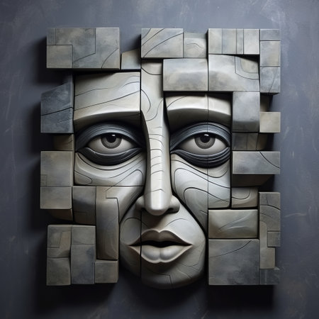 concrete sculpture by pierre koda, a large canvas format, in the style of igor morski and oleg shuplyak. this abstract sculpture of a face is a mix of cubist portraiture and hard-edge painting, emphasizing emotion over realism. ai generatedの素材