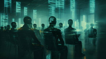 the photo captures four dark figures standing back to back by a dirty pool, with a glowing neon flare in the background. the highly detailed 4k image has a realistic x-ray effect, creating an anxious and eerie atmosphere. the black-market barcode and baby blue tongue add to the 90s alternative vibe, reminiscent of a polaroid film. ai generatedの素材