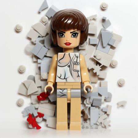 woman standing on legos in a cartoon violence style on green grass. fine attention to anatomy with dark white and beige colors. shot on ferrania p30 film, the image features an asian-inspired setting with intense action scenes and a lowbrow aesthetic. ai generatedの素材