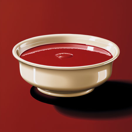 a cup of soup, rendered in a dark red style with hyper-detailed and realistic textures. this image showcases the post-processing techniques used to enhance the visual appeal. inspired by albert marquet's art, the rendering is shiny, detailed, and captures the essence of the subject. ai generatedの素材