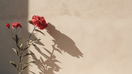red flowers in a flowerpot on a flowering vine, showcasing bold shadows and minimalist backgrounds. the light bronze and beige hues create a serene atmosphere reminiscent of mediterranean landscapes. captured on sheet film, this photo exudes a poetcore aesthetic with its delicate combination of light beige and pink tones. ai generatedの素材
