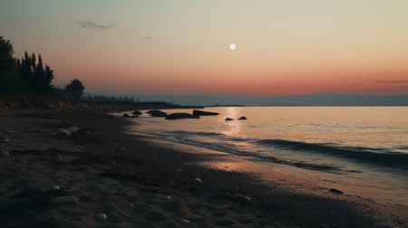 the beach and water at sunset are captured in a romantic moonlit seascape style with the carl zeiss distagon t 15mm f2.8 ze lens. the photo features a realistic color palette, including light red and dark gray, and a painterly quality. the use of kodak ektar 100 film enhances the realistic usage of light and color. ai generatedの素材