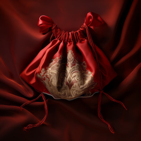 red tassel bag with heavy metal embroidery and delicate curves, set against a moody tonalism background. the medieval fantasy style is enhanced by the silk painting effect and the use of the samyang 14mm f28 if ed umc aspherical lens. the unreal engine 5 adds a touch of modernity to this timeless accessory. ai generatedの素材