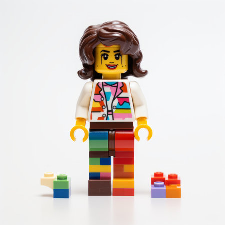 a sassy lego person is captured in this studio portrait, showcasing a colorful patchwork design and symbolic elements. shot on 70mm film in the 1970s, this uhd image highlights the deconstructed tailoring of the lego figure, adding a unique touch to this playful and vibrant composition. ai generatedの素材