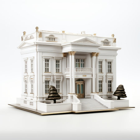 white house sculpture on stand, highly detailed realism, dark gold and light cyan colors, modular design, classical balance, historical documentation, luxurious opulence, miniaturecore style. ai generatedの素材