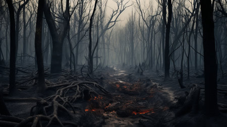 a fire broke out in the woods, captured in a stunning image with a realistic hyper-detailed rendering. the hazy landscape depicts a post-apocalyptic scene with dark fantasy creatures in the australian landscape. the darktable processing brings out highly detailed elements in the photo. ai generatedの素材