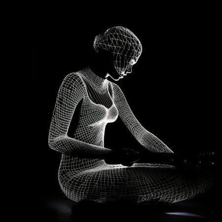 a wireframe woman, dressed in traditional attire, is captured within a black frame. this artistic composition plays with light and showcases the fusion of computer art and tabletop photography. the image reflects the intersection of internet academia and monochromatic white figures, skillfully illuminated to enhance their sculptural form. ai generatedの素材