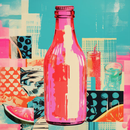the advertisement for a milk bottle is illustrated in a vibrant collage style, featuring light green and pink colors. the design incorporates darkroom printing techniques and fauvist color usage, with bold block prints and vibrant glasswork studies. the illustration also includes impressionistic layers and editorial elements, reminiscent of vintage cut-and-paste techniques. ai generatedの素材