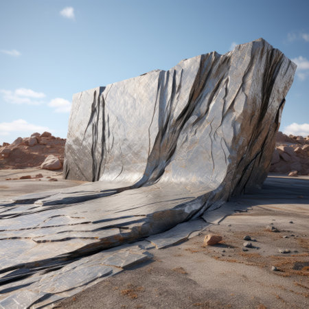 a photo of a rock canyon showcasing geometria sand piles and cracking caused by erosion. the image is rendered in the style of unreal engine, resembling a marble sculpture by john chamberlain. the distressed materials create a bold yet graceful aesthetic, while the flowing surrealism and smooth surface add to its captivating appeal. ai generatedの素材