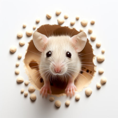 close-up of a brown and gold rat, capturing trapped emotions in the signature style of petrina hicks. a play of light in shades of white and red, reminiscent of alastair magnaldo's artwork, adds depth to the image. this unique composition blends elements of humor and heartfelt emotions, evoking a sense of drugcore aesthetics. interspersed dot patterns enhance the visual appeal and narrative of this captivatingの素材