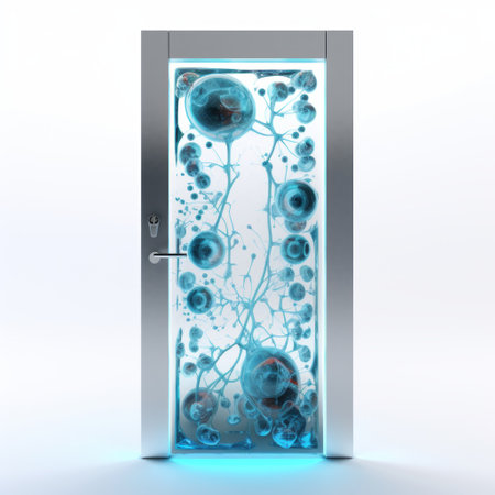 glass door with blue-green hues and mechanized forms, adorned with hyper-realistic water droplets. the white background contrasts with the bacteria, creating an organized chaos. the style is reminiscent of arnoldo pomodoro's scientific illustrations, with dark gray and light cyan tones adding depth to the image. ai generatedの素材