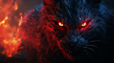 flauros with glowing red eyes is depicted in a dramatic lighting with dark and ethereal elements. the image showcases intricate details and cinematic framing, resembling hyper realistic 8k photography. techniques such as octane render, 4k post processing, and moody volumetric dynamic lighting are utilized to achieve a highly detailed and atmospheric effect. global illumination and software like maya+v-ray or unreal engine bring the image toの素材