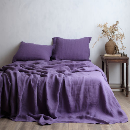a realistic and naturalistic purple bed sheet is set up in a mediterranean-inspired room, showcasing the vibrant hues of dark and light purple. the creased, crinkled, and wrinkled texture adds to the organic fluidity of this monochromatic masterpiece. ai generatedの素材