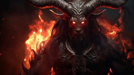 astaroth with glowing red eyes is depicted in a dramatic lighting with dark and ethereal elements. the image showcases intricate details and cinematic framing, resembling hyper realistic 8k photography. techniques such as octane render, 4k post processing, and moody volumetric dynamic lighting are utilized to achieve a highly detailed and atmospheric effect. global illumination and software like maya+v-ray or unreal engine bring the image toの素材