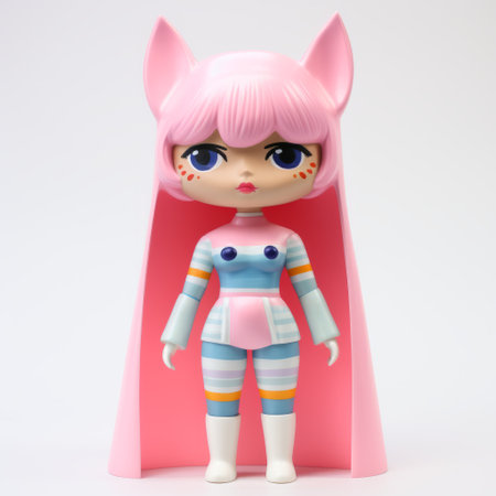 pink doll in anime character dress, bright pink resin panels, light gray and blue, toycore style, strong facial expression, cosmic theme, catcore elements, linear design. ai generatedの素材