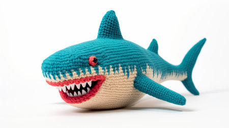 knitted stuffed toy shark 1, featuring playful cartoonish illustrations and intensely detailed design. this vfxfriday creation showcases dynamic facial expressions, with a mix of light cyan and dark crimson colors. dive into transfixing marine scenes brought to life by realistic hyper-detail, making this toy a captivating addition to any collection. ai generatedの素材