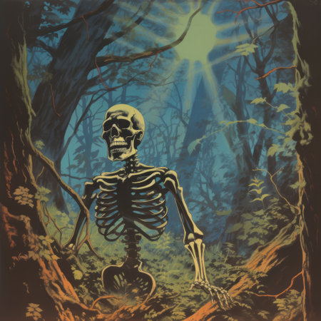 skeleton in the woods sits on the ground in the style of greg hildebrandt. the lithograph features light black and teal colors, with a luminescent quality. the nature-inspired artwork evokes the styles of artists like paul catherall and jason a engle. ai generatedの素材