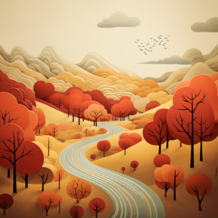an autumn forest with a road is depicted in the style of eiko ojala, showcasing historical illustration and flowing textures. the detailed shading adds depth to this australian landscape, reminiscent of traditional chinese landscapes. this hyper-detailed illustration captures the beauty of nature and invites viewers to explore the enchanting scenery. ai generatedの素材