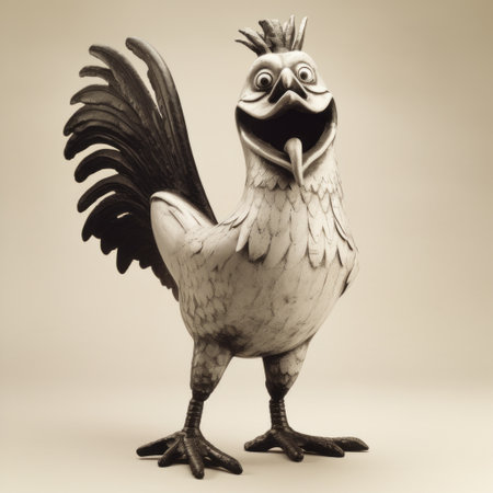 wooden rooster statue: a comical caricature of a rooster, made from white and gray coloring, rendered in cinema4d. this statue combines elements of black and white realism, angura kei, realistic portrayal, spanish school, and cartoon-like characters to create a unique and eye-catching piece of, ai generatedの素材