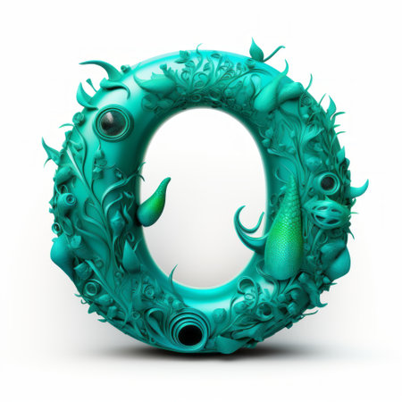the 3d letter "o" is surrounded by lush green plants, resembling fantasy creatures, and set against a backdrop of naturalistic ocean waves. this unique design, reminiscent of the artistic style of james c. christensen, features a turquoise hue and rough textures, creating a captivating visual experience. qian xuan's influence is evident in the intricate details of this website image. ai generatedの素材