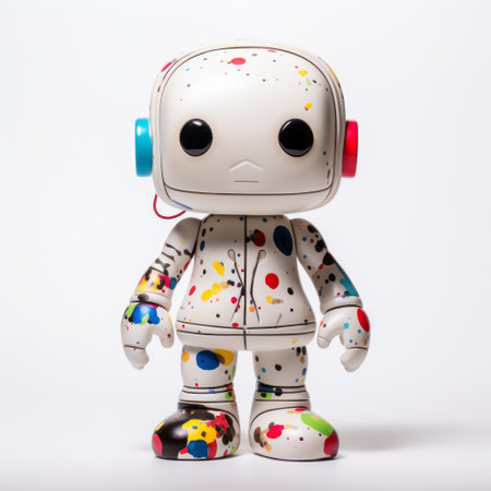 the toy with headphones sits on a white surface, showcasing robotic expressionism with dot-painted colors and optical blending. this innovative piece embodies the style of ron arad, featuring drips and splatters in a full-body design, reminiscent of futurist techniques. ai generatedの素材