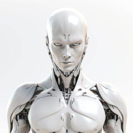 female robot photo, realistic hyper-detailed rendering, silver disfigured forms, precisionist lines, sleek close-up. ai generatedの素材