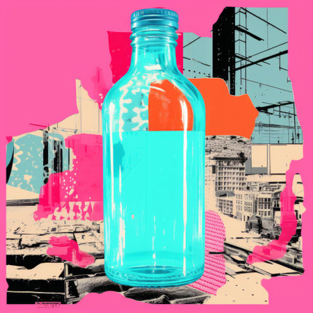 an illustration showcasing a vibrant collage style advertisement for a milk bottle. the artwork incorporates elements like light green and pink colors, reminiscent of darkroom printing. fauvist color usage and the integration of bold block prints contribute to its dynamic aesthetic. the composition also incorporates vibrant glasswork studies, impressionistic layers, and editorial illustrations, creating a unique vintage cut-and-paste visual appeal. ai generatedの素材