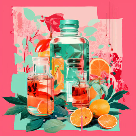 water bottles and citrus fruit are arranged in a vibrant display, evoking the essence of fresh produce and juicing. the abstracted botanical illustrations feature layered and complex compositions, with a vivid color scheme of light red and cyan. this editorial illustration captures the essence of norwegian nature and tropical baroque, perfect for cocktails and swizzle sticks. ai generatedの素材