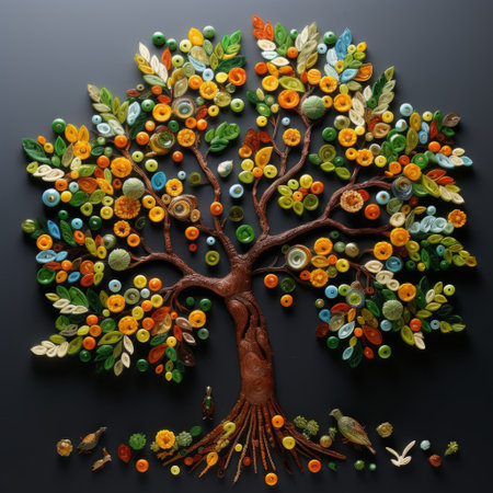 a colorful button tree sculpture, created for a museum exhibit, showcases the joyful celebration of nature. crafted with meticulous precision, this artwork by ray collins features green and amber hues, reminiscent of terracotta. the paper sculptures resemble photorealistic still lifes, adding a touch of whimsy to the vibrant imagery. ai generatedの素材