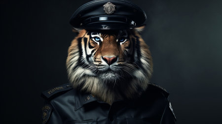 a police officer stands next to a police car in this hyperrealistic stock photo. the image captures an ominous vibe with bold, manga-inspired characters. it showcases industrial photography and features highly detailed close-up shots in high resolution, resembling wildlife portraits. ai generatedの素材