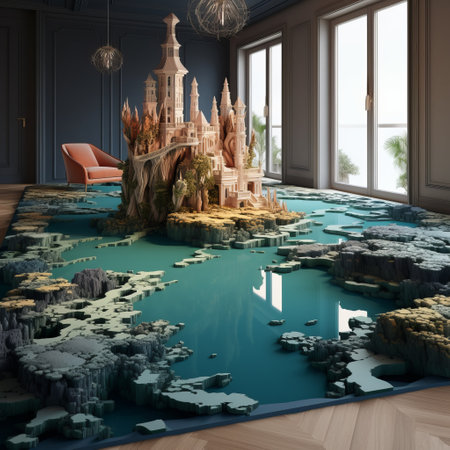 the room features a fascinating fantasy scene with giant fish, poured resin style, vray lighting, terraced cityscapes, fairytale-inspired elements, a rug, bryce 3d design, and biblical grandeur. ai generatedの素材