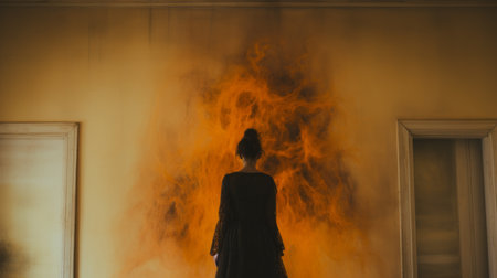woman in black standing behind smoke coming out of an open window, in the style of cyclorama, dark orange and amber, baroque-influenced drama, 8k resolution, sarah purser, mori kei. ai generatedの素材