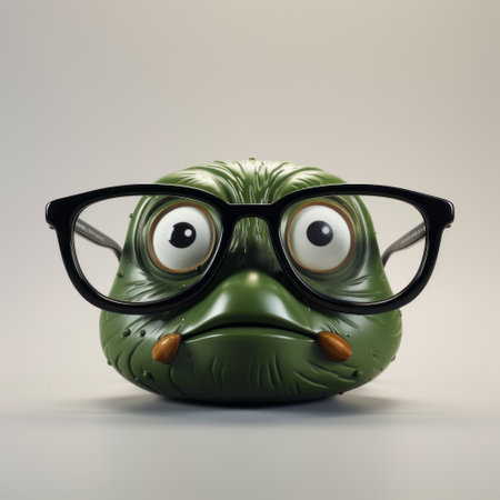 a green 3d rendering of a frog wearing glasses, showcasing a sculptural expression. the frog's glasses resemble soviet lens design, adding a unique touch. with a strong facial expression, this frog exudes an air of writer academia. created using cinema4d, this captivating image is perfect for websites seeking eye-catching visuals. ai generatedの素材