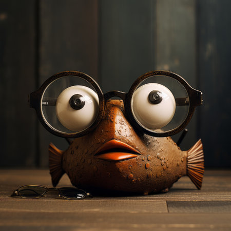 a pair of glasses rests on a small potted fish, showcasing dynamic and exaggerated facial expressions. this high-quality photo captures the vray, brown, ocean academia, foampunk, and duckcore styles, creating a unique and visually striking composition. ai generatedの素材