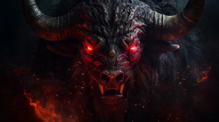 buer with glowing red eyes is depicted in a dramatic lighting with dark and ethereal elements. the image has intricate details and cinematic framing, resembling hyper realistic 8k photography. techniques such as octane render, 4k post processing, and moody volumetric dynamic lighting are utilized to achieve a highly detailed and atmospheric effect. global illumination and software like maya+v-ray or unreal engine bring the image toの素材