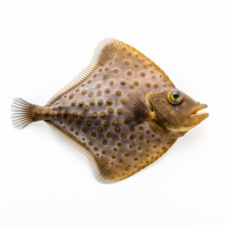 a dark-colored fish with distinctive dots on its side swims gracefully in the high-key lighting style. this national geographic photo captures the raw authenticity of the underwater world against a pristine white background. the fish's light yellow and dark bronze hues add depth to its highly detailed figures, creating a captivating image that showcases the beauty of the reefwave. ai generatedの素材