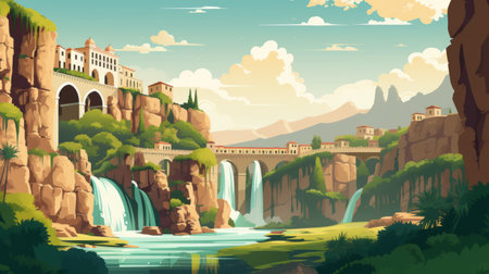 an illustration of a majestic waterfall cascading through a picturesque canyon, adorned with a captivating castle. this artwork by patrick brown captures the essence of mediterranean landscapes, drawing inspiration from greek and roman art and architecture. the flat composition and impressive panoramas create a mesmerizing visual experience. with its split toning technique, this artwork transports you to a villagecore setting, immersing you in its enchantingの素材