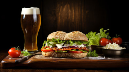 a sandwich and a beer are placed on a wooden board, illuminated with softbox lighting. this 32k uhd photo showcases bold colors and strong lines, capturing the artistic style of emek golan. the image is enhanced with multi-layered post-processing techniques, resulting in a visually captivating composition. ai generatedの素材