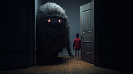 a chilling creature, captured in 8k resolution with a nikon d850, stands in a dark red and dark gray doorway. this eerie image evokes childhood arcadias with spiky mounds, perfect for large-scale canvases. witness the enigmatic presence as someone gazes upon it. ai generatedの素材
