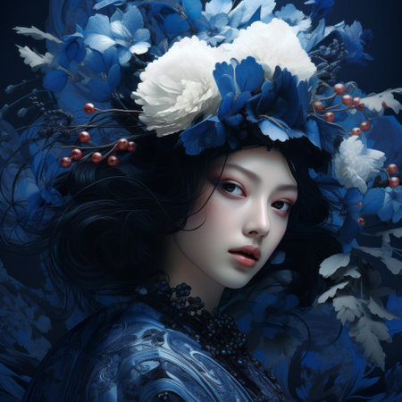 girl with flowers in her hair and a blue background, reminiscent of zhang jingna's style. unique character design with detailed costumes and high-contrast shading. the traditional oceanic art is depicted in 8k resolution, showcasing dark white and dark blue tones. ai generatedの素材