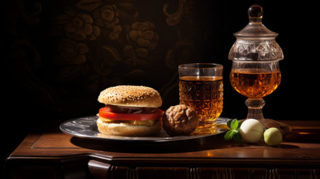 hamburger with chicken and two glasses, renaissance chiaroscuro style, light red and brown, classic still-life, ottoman art, zeiss batis 18mm f2.8, traditional japanese artistic techniques, grit and grain. ai generatedの素材