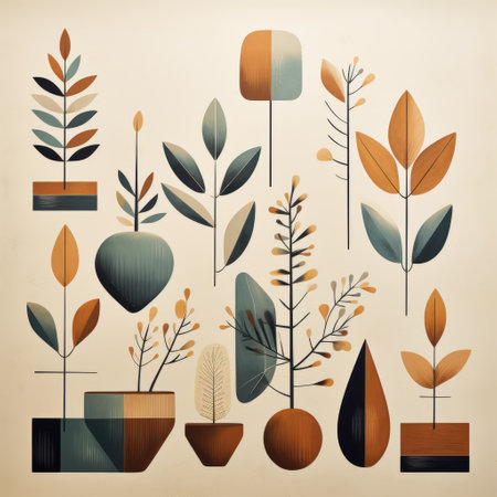 modern abstract geometric designs of plants and ornaments in pots, inspired by the style of erik johansson. this mid-century illustration features vintage minimalism and a playful use of light and shadow. the illustration showcases flourishing botanicals in earthy tones. ai generatedの素材